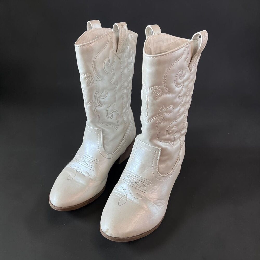 Links Pearl White Western Cowboy Boots Girls Size 1 Embroidered Cowgirl Mid Calf